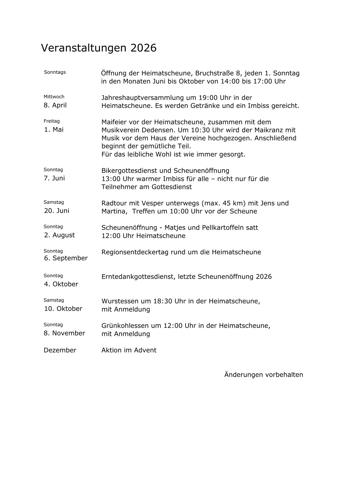 Veranstaltungskalender 2026